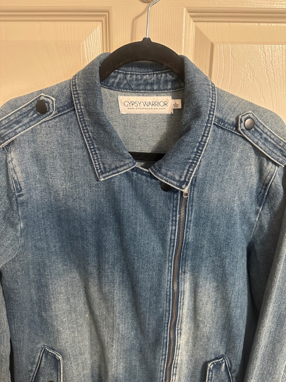 Gypsy Warrior Asymmetrical Full-Zip Denim Jean Jacket, Medium Blue Wash, Sz XL - Picture 3 of 16